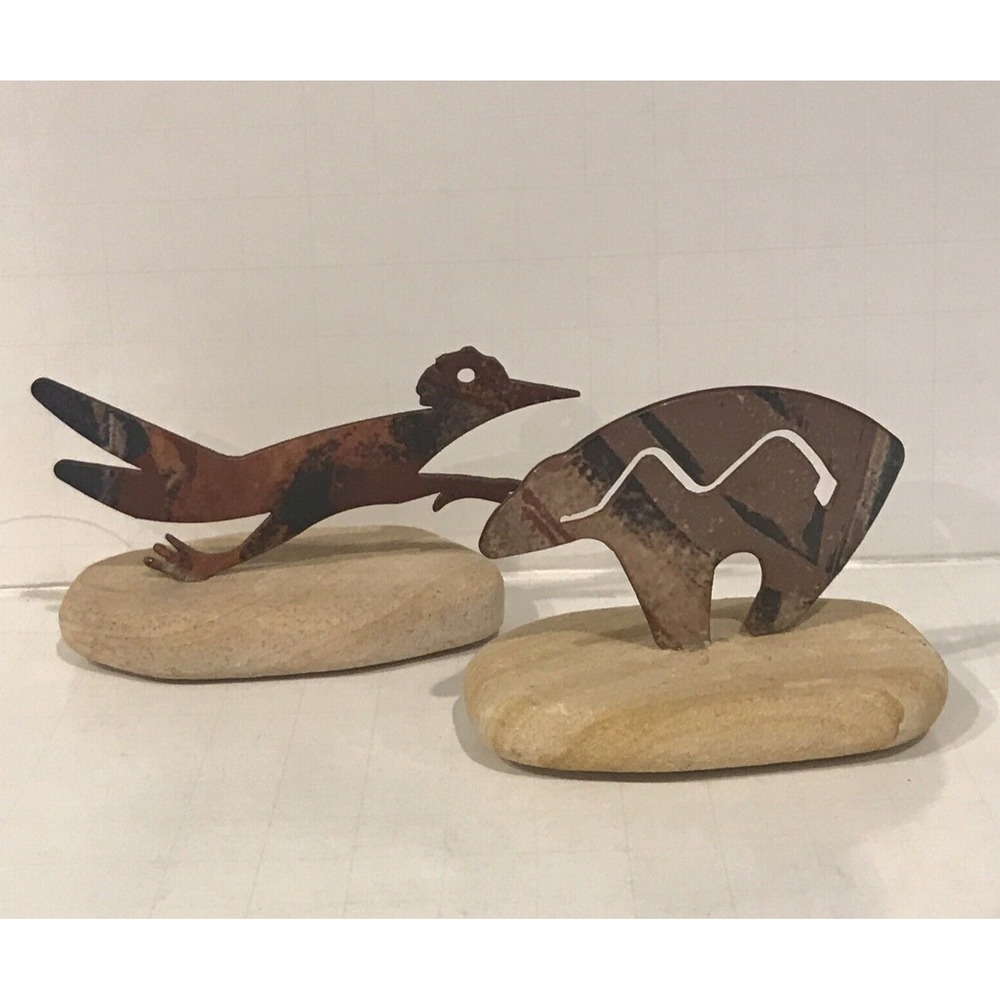 Lot of 2 Lazart Enameled‎ Metal Art Sculpture on Stone Base Roadrunner & Bear